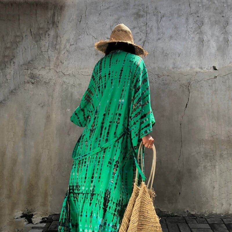 Kimono de plage à imprimé ligné couleur vert de dos