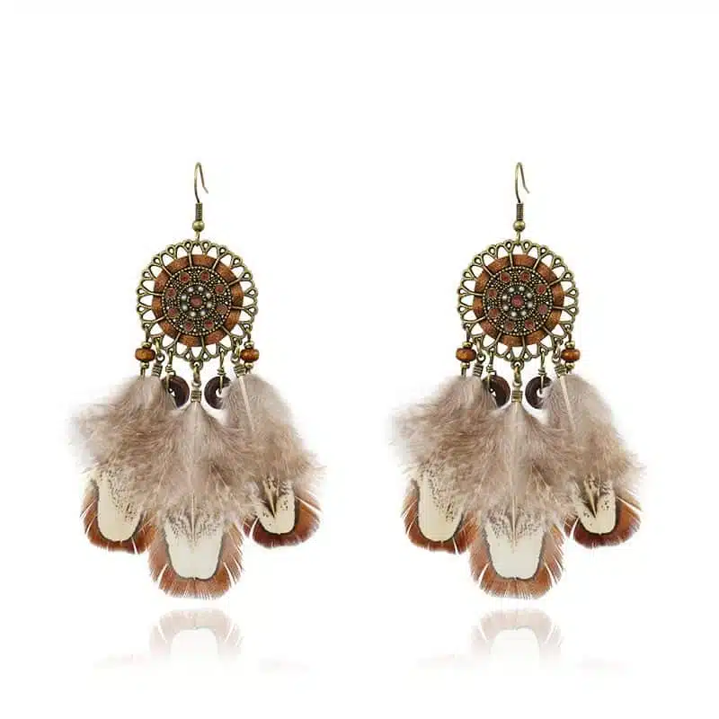 Boucles d'oreilles attrape-rêve à longues plumes detail